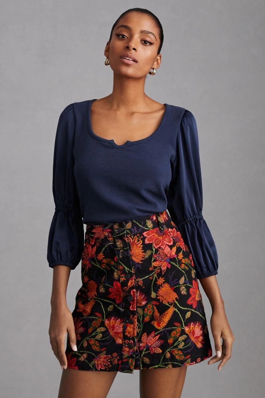 Maeve Anthropologie Ribbed Top Satin Tiered Puff Sleeve Notch Neck Blue Sz L
